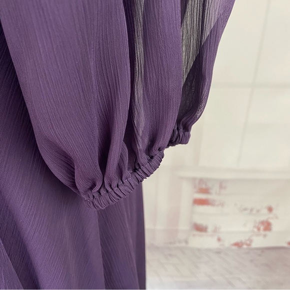 DKNY Midi Dress 10 Balloon Sleeve Chiffon Faux-Wrap Hi-Low Dark Purple Belted - Picture 7 of 8